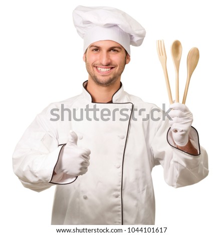 Chef Holding Wooden Spoons With Thumbs Up On White Background