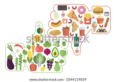 Healthy vs Junk food like and dislike comparison on white. Royalty-Free Stock Photo #1044119839
