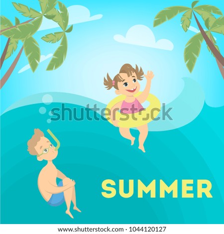 Children in sea on summer having fun and swimming.