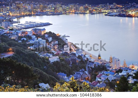 Twilight over Wellington Harbour, New Zealand. Royalty-Free Stock Photo #104418386