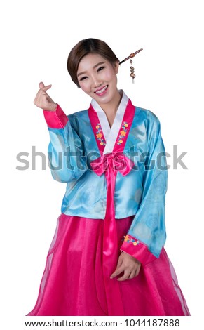 Korean girl in hanbok korean dress with isolated background and love action