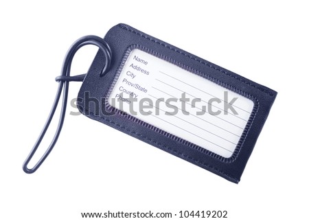 Leather luggage tag isolated on white with space for name, address, etc