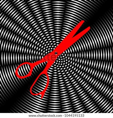 Scissors sign illustration. Vector. Red icon on white and black radial interference as background.