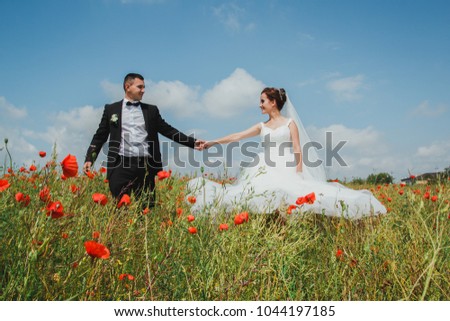 Beautiful wedding couple is walking in the summer field with red poppy flowers. Sunny love story in the green grass and blue sky on background. Bride is kissing the groom.