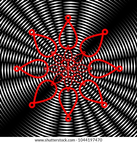 Mandala sign illustration. Vector. Red icon on white and black radial interference as background.