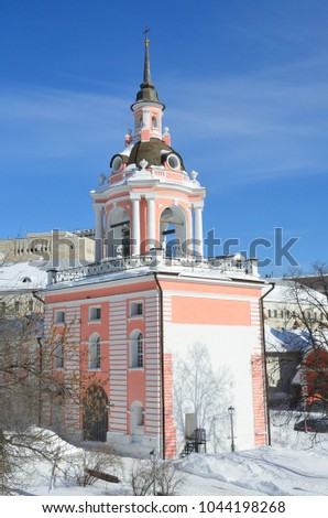 Moscow, bell tower of Znamensky monastery on Varvarka street in winter