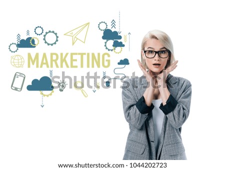 beautiful shocked businesswoman posing in formal wear, isolated on white, marketing concept
