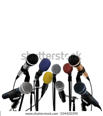 Press conference with standing microphones Royalty-Free Stock Photo #104420390