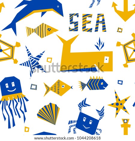 Hand-drawn seamless pattern with marine animals. Simple vector print for wallpaper, scrapbooking, wrapping paper, textile, surface design