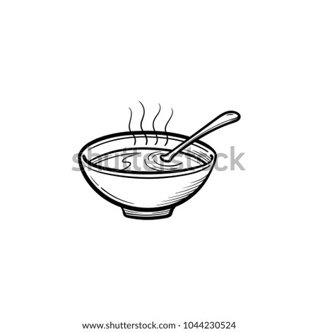Bowl of hot soup hand drawn outline doodle icon. Miso soup vector sketch illustration for print, web, mobile and infographics isolated on white background. Royalty-Free Stock Photo #1044230524