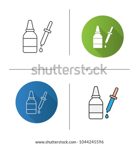 Eye drops and dropper icon. Flat design, linear and color styles. Liquid bottle. Isolated vector illustrations