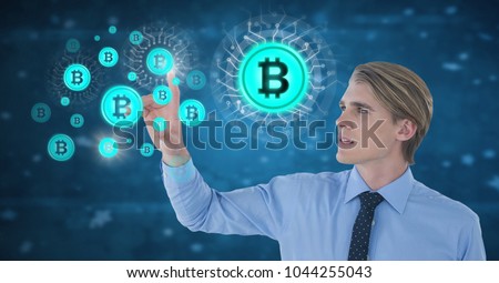 Digital composite of Businessman touching bit coin graphic icons