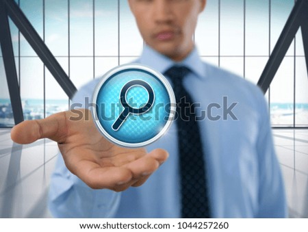 Digital composite of Magnifying glass search icon and Businessman with hand palm open in city office