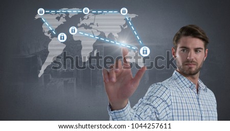 Digital composite of Businessman touching security lock icons connecting on map