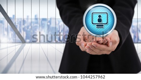 Digital composite of Computer profile icon and Businessman with hands palm open in city office