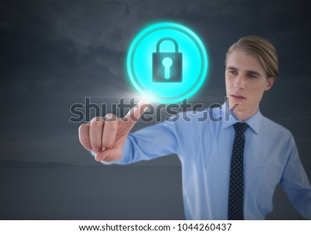 Digital composite of Businessman touching security lock icon