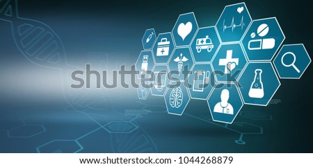 Several icon with sign against digital background with dna helix