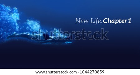 New life chapter one message on a white background against man swimming in blue water