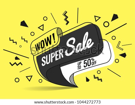 Super sale, weekend special offer banner template in flat trendy memphis geometric style, retro 80s - 90s paper style poster, placard, web banner designs, vector illustration Royalty-Free Stock Photo #1044272773