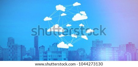 Abstract image of cloud computing symbol against trees amidst buildings in city