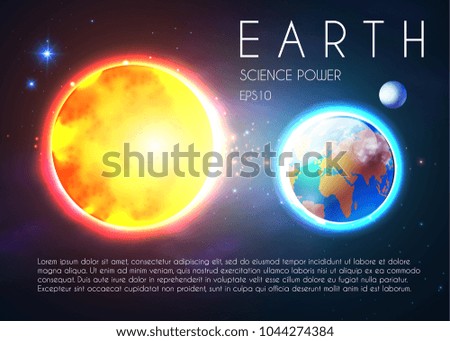 Planet Earth and Shining Sun in Space with Stars. Univerce nackground. Realistic Celestial Design. Vector illustration