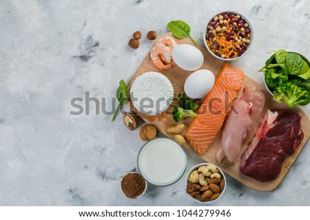Selection on vegetarian and animal origin protein sources Royalty-Free Stock Photo #1044279946