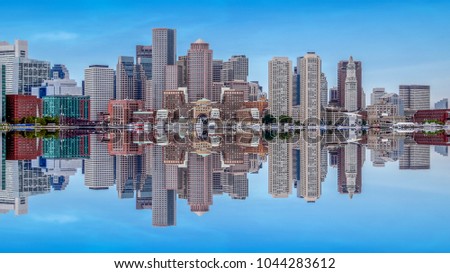 Panoramic view of Boston skyline with its reflection. Boston, USA.