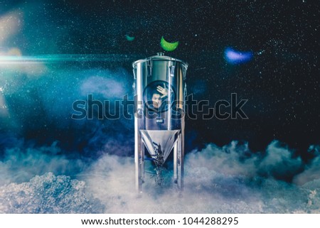 Space Traveling Man into a Rocket Fermenter on an Other Planet with Starry Sky Background