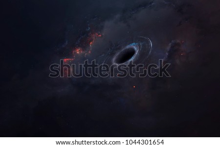 Black hole, awesome science fiction wallpaper, cosmic landscape. Elements of this image furnished by NASA Royalty-Free Stock Photo #1044301654