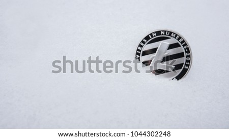 Silver Litecoin cryptocurrency on snow, in the background. The concept of freelancing, the stock exchange. Gold bitcoin on cold winter snow background. Frozen bitcoin. Frozen account.