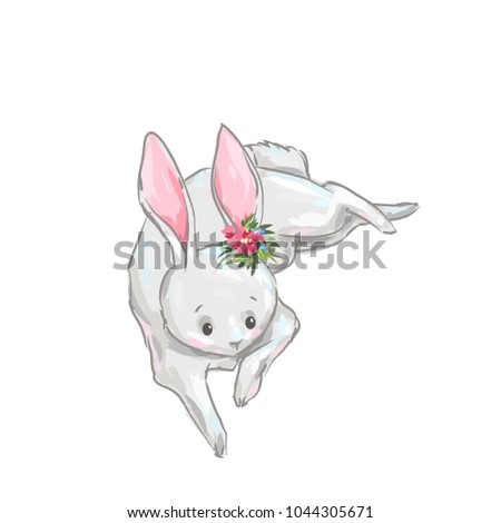 Cute easter bunny. Hand drawn vector rabbit illustration. Cartoon hare character spring background