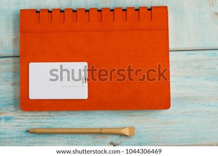 Corporate branding mockup template, isolated on wooden and leather background.