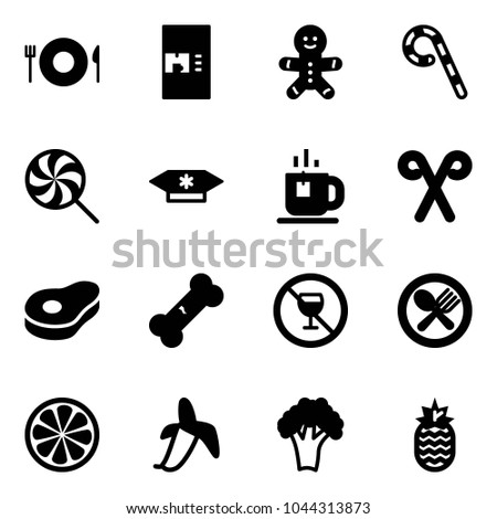 Solid vector icon set - plate spoon fork vector, coffee machine, cake man, lollipop, candy, tea, santa stick, meat, broken bone, no alcohol sign, lemon slice, banana, broccoli, pineapple