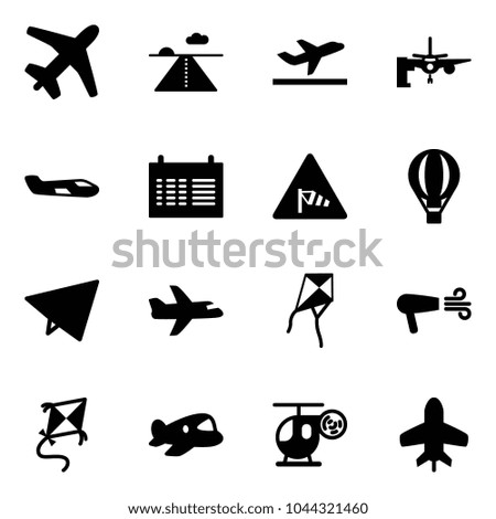 Solid vector icon set - plane vector, runway, departure, boarding passengers, small, schedule, side wind road sign, air balloon, paper fly, kite, dryer, toy, helicopter