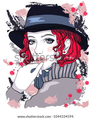 Portrait of a beautiful girl with pink hair. The girl in the hat. Fashion  vector illustration