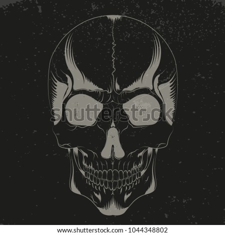 vector illustration of a human skull sketch in Gothic style on black grunge background. design t-shirts, covers, posters, tattoos and others