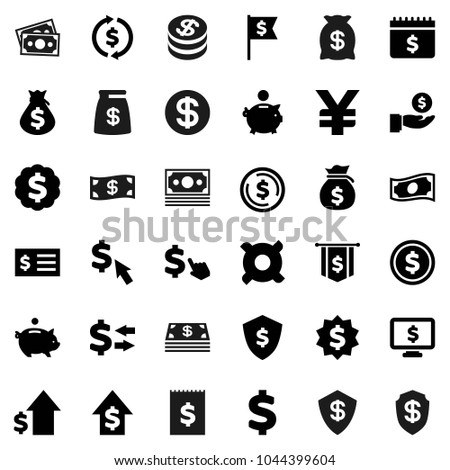 Flat vector icon set - exchange vector, dollar coin, cash, money bag, piggy bank, investment, growth, receipt, medal, flag, shield, calendar, monitor, cursor, any currency, yen sign