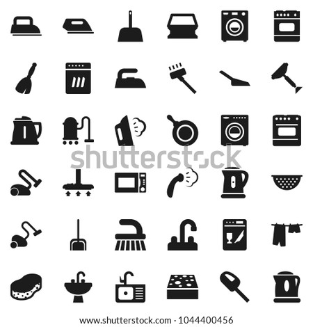Flat vector icon set - scraper vector, broom, vacuum cleaner, fetlock, scoop, sponge, iron, steaming, drying clothes, sink, water tap, pan, kettle, colander, microwave oven, washer, dishwasher