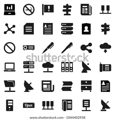 Flat vector icon set - pen vector, notebook pc, document, archive, personal information, laptop graph, binder, prohibition sign, no smoking, signpost, attention, satellite antenna, newspaper, server