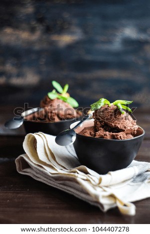 Chocolate ice cream decorated with fresh mint on dark wooden table with copyspace