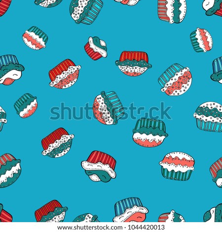 Isolated in blue, white and black colors. Can use for birthday card, the children menu, packaging, textiles, fabrics, wallpaper. Seamless pattern with sweets - ice cream, cupcakes. Vector illustration