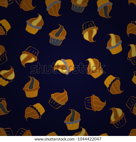 Texture for prints, decorations, fabric. Cupcake seamless pattern. Colorful cream dessert backdrop on gray, orange and yellow. Vector. Muffin sweet texture background.