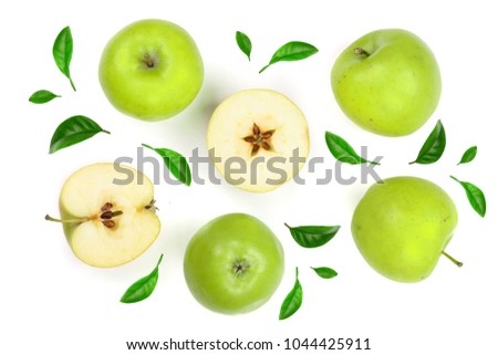 green apples decorated with leaves isolated on white background top view. Set or collection. Flat lay pattern