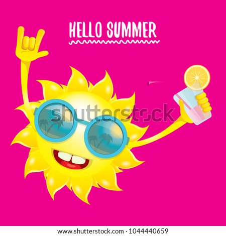 hello summer rock n roll vector label or logo. summer cocktail party poster background with funky smiling sun character wearing sunglasses and holding cocktail glass with lemon and drinking straw.