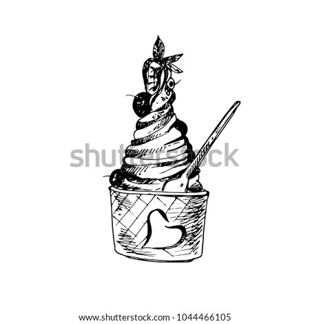 Raster version. Hand Drawn Sketch of Ice Cream in Bowl. Great for Banner, Label, Poster
