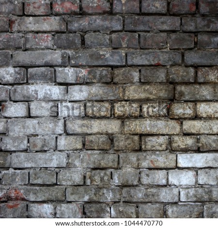 Grey Red White Wall Background. Old Grungy Brick Vertical Texture. Brick Wall With Layer Chop Stucco. Structure With Broken Plaster And Paint. Wall With Damage Surface. Old Grunge Abstract Background.