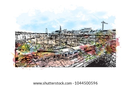 City Landmark of Edinburgh Capital of Scotland, UK. Watercolor splash with hand drawn sketch  illustration in vector.