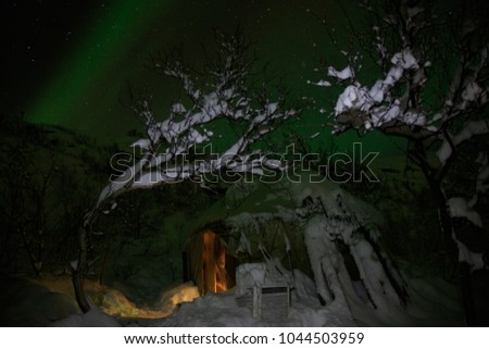 Aurora borealis lights at night in white snow tundra, Russia,North. Beautiful arctic polar landscape of green lightning  lines, nature miracle, fantastic view. House with snowy trees forest foreground