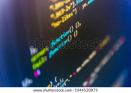 Technology background. Innovative startup project. Hacker breaching net security. SEO concepts for better SERP. Binary digits code editing. Notebook closeup photo. 