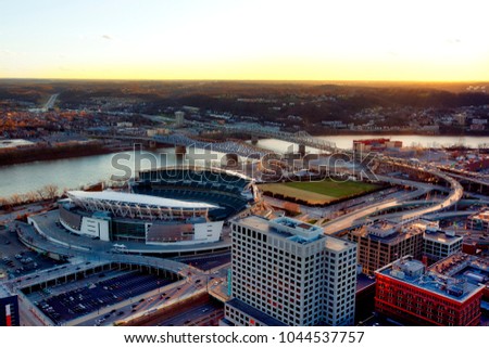 Aerial view of Cincinnati, Ohio looking across the river into Covington, Kentucky